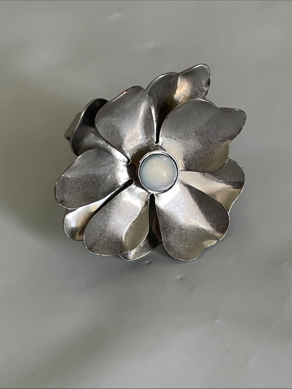 Y2k Silver Floral Statement Ring with Center Cabochon